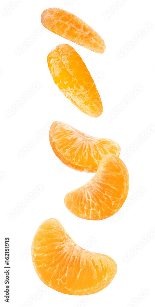 Poster isolated falling orange segments. five peeled pieces of orange or tangerine fruit in the air isolate