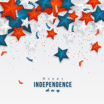 USA independence day. Holiday background with 3d stars and confetti. Vector illustration.