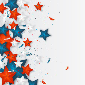USA independence day. Holiday background with 3d stars and confetti. Vector illustration.