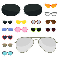 Fashion set sunglasses accessory sun spectacles plastic frame modern eyeglasses vector illustration.