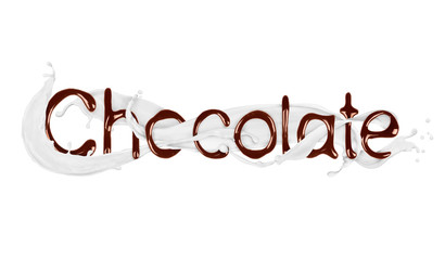 The word Chocolate written by liquid chocolate with milk splashes, isolated on white background