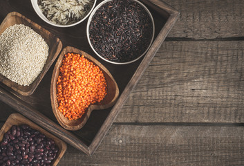 Selection of a variety of delicious and healthy cereals. Top view with copy space