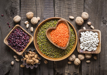 Sources of vegetable protein are various legumes and nuts. Top view 