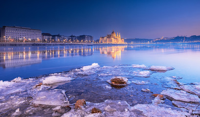 Sunset over the Hungarian Parliament in Budapest, Hungary
