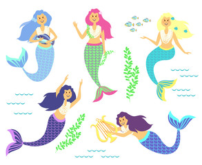 Mermaids. Little cute girls. Underwater world. Sea, ocean. Fantasy, fairy tale.Cute vector illustration for children.