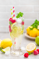 Lemon mojito cocktail with lime, mint and raspberry, cold drink with ice.