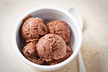 Chocolate ice cream in white bowl 