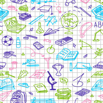 back to school, hand drawn colored silhouettes on squared paper, sketch, doodle, vector seamless pattern