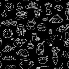 Morning breakfast doodle seamless pattern on black. Chalk board style. sketch