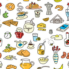 Morning breakfast doodle. colored sketch. seamless pattern set