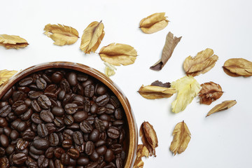coffee bean on white background with a dry flower