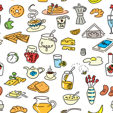 Morning breakfast doodle. colored sketch. seamless pattern set