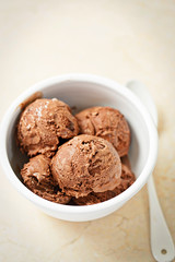 Chocolate ice cream in white bowl 