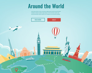 Travel composition with famous world landmarks. Travel and Tourism. Concept website template. Vector.