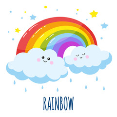 Colorful rainbow and two cute clouds in a cartoon style. Vector illustration is suitable for greeting cards and prints on t-shirts.