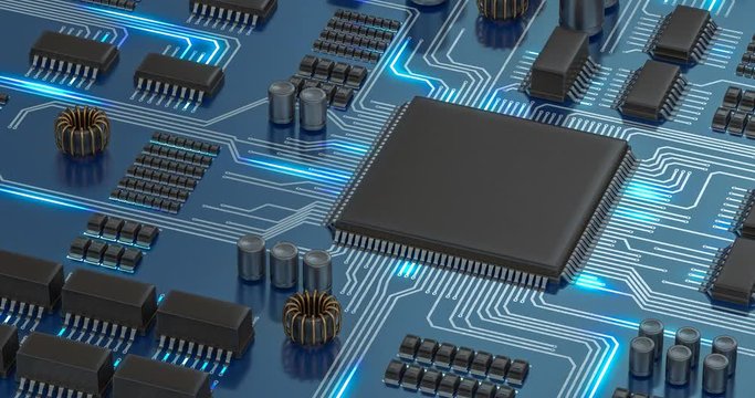 Processor or microchip and electronic signals on motherboard circuit. 3D rendered looping animation.