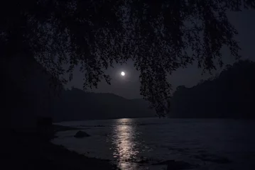 Gordijnen Moonrise over a river © bartsadowski