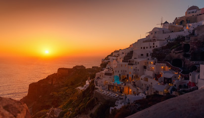 A postcard shot of typical cycladic architecture in Oia, Santorini , Greece