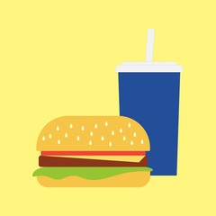 Simple flat hamburger with blue cup icon on light yellow background