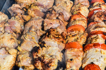 Meat of pork, made as a shish kebab on a picnic in the open air