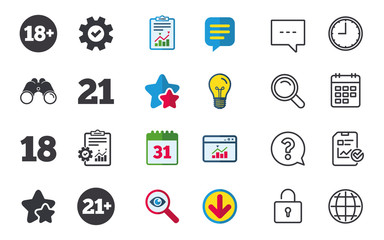 Adult content icons. Eighteen and twenty-one plus years sign symbols. Chat, Report and Calendar signs. Stars, Statistics and Download icons. Question, Clock and Globe. Vector