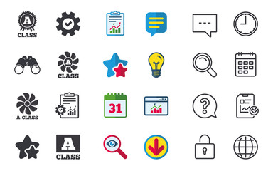 A-class award icon. A-class ventilation sign. Premium level symbols. Chat, Report and Calendar signs. Stars, Statistics and Download icons. Question, Clock and Globe. Vector