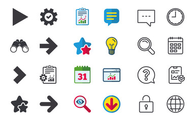 Arrow icons. Next navigation arrowhead signs. Direction symbols. Chat, Report and Calendar signs. Stars, Statistics and Download icons. Question, Clock and Globe. Vector