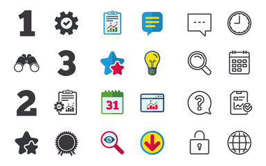 Fototapeta premium First, second and third place icons. Award medal sign symbol. Chat, Report and Calendar signs. Stars, Statistics and Download icons. Question, Clock and Globe. Vector