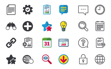 Plus add circle and hyperlink chain icons. Document file and globe with hand pointer sign symbols. Chat, Report and Calendar signs. Stars, Statistics and Download icons. Question, Clock and Globe
