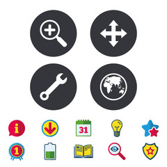 Magnifier glass and globe search icons. Fullscreen arrows and wrench key repair sign symbols. Calendar, Information and Download signs. Stars, Award and Book icons. Light bulb, Shield and Search