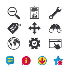 Magnifier glass and globe search icons. Fullscreen arrows and wrench key repair sign symbols. Browser window, Report and Service signs. Binoculars, Information and Download icons. Stars and Chat