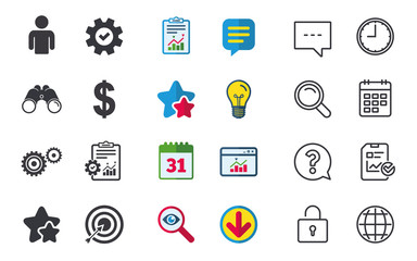 Business icons. Human silhouette and aim targer with arrow signs. Dollar currency and gear symbols. Chat, Report and Calendar signs. Stars, Statistics and Download icons. Question, Clock and Globe