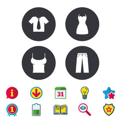 Clothes icons. T-shirt with business tie and pants signs. Women dress symbol. Calendar, Information and Download signs. Stars, Award and Book icons. Light bulb, Shield and Search. Vector