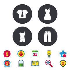 Clothes icons. T-shirt with business tie and pants signs. Women dress symbol. Calendar, Information and Download signs. Stars, Award and Book icons. Light bulb, Shield and Search. Vector