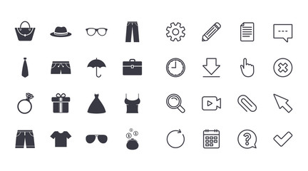 Set of Clothes, Accessories and Glasses icons. Shirt, Umbrella and Hat signs. Wallet, Handbag and Briefcase symbols. Calendar, Document and Download line signs. Pencil, Service and Search icons