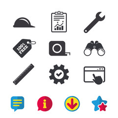 Construction helmet and wrench key tool icons. Ruler and tape measure roulette sign symbols. Browser window, Report and Service signs. Binoculars, Information and Download icons. Stars and Chat