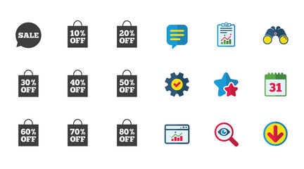 Sale discounts icons. Special offer signs. Shopping bag, price tag symbols. Calendar, Report and Download signs. Stars, Service and Search icons. Statistics, Binoculars and Chat. Vector