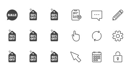 Sale discounts icons. Special offer signs. Shopping price tag symbols. Chat, Report and Calendar line signs. Service, Pencil and Locker icons. Click, Rotation and Cursor. Vector