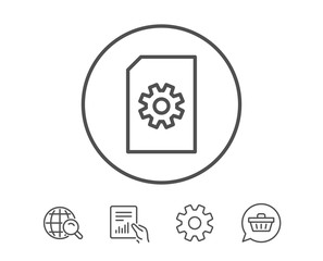 Document Management line icon. Information File with Cogwheel sign. Paper page concept symbol. Hold Report, Service and Global search line signs. Shopping cart icon. Editable stroke. Vector