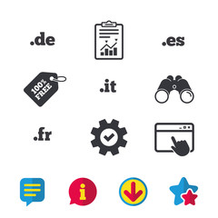 Top-level internet domain icons. De, It, Es and Fr symbols. Unique national DNS names. Browser window, Report and Service signs. Binoculars, Information and Download icons. Stars and Chat. Vector