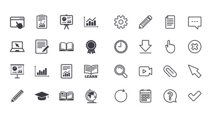 Set of Statistics, Education and Study icons. Presentation, Report and Book signs. Analytics, Pencil and Award medal symbols. Calendar, Document and Download line signs. Vector