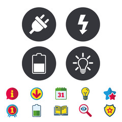Electric plug icon. Light lamp and battery half symbols. Low electricity and idea signs. Calendar, Information and Download signs. Stars, Award and Book icons. Light bulb, Shield and Search. Vector