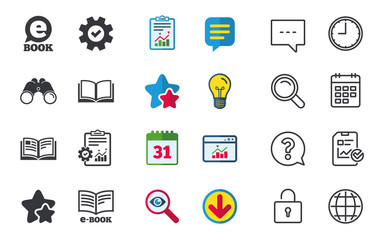 Electronic book icons. E-Book symbols. Speech bubble sign. Chat, Report and Calendar signs. Stars, Statistics and Download icons. Question, Clock and Globe. Vector