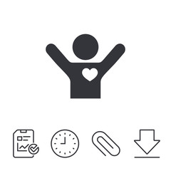 Fans love icon. Man raised hands up sign. Report, Time and Download line signs. Paper Clip linear icon. Vector