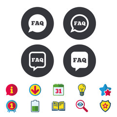 FAQ information icons. Help speech bubbles symbols. Circle and square talk signs. Calendar, Information and Download signs. Stars, Award and Book icons. Light bulb, Shield and Search. Vector