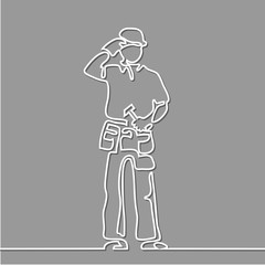 Continuous line drawing. Standing builder man holding hammer. Vector illustration on gray background
