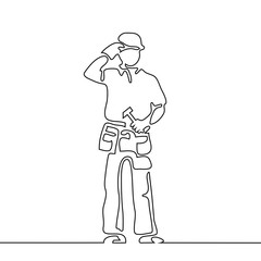 Continuous line drawing. Standing builder man holding hammer. Vector illustration on gray background