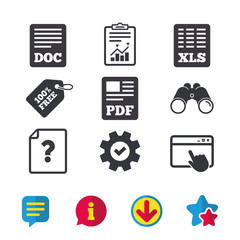 File document and question icons. XLS, PDF and DOC file symbols. Download or save doc signs. Browser window, Report and Service signs. Binoculars, Information and Download icons. Stars and Chat