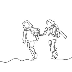 Kids running back to school with bags. Continuous line drawing. Vector illustration on white background