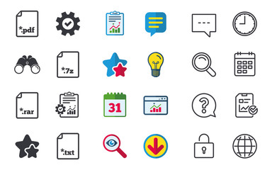 Download document icons. File extensions symbols. PDF, RAR, 7z and TXT signs. Chat, Report and Calendar signs. Stars, Statistics and Download icons. Question, Clock and Globe. Vector